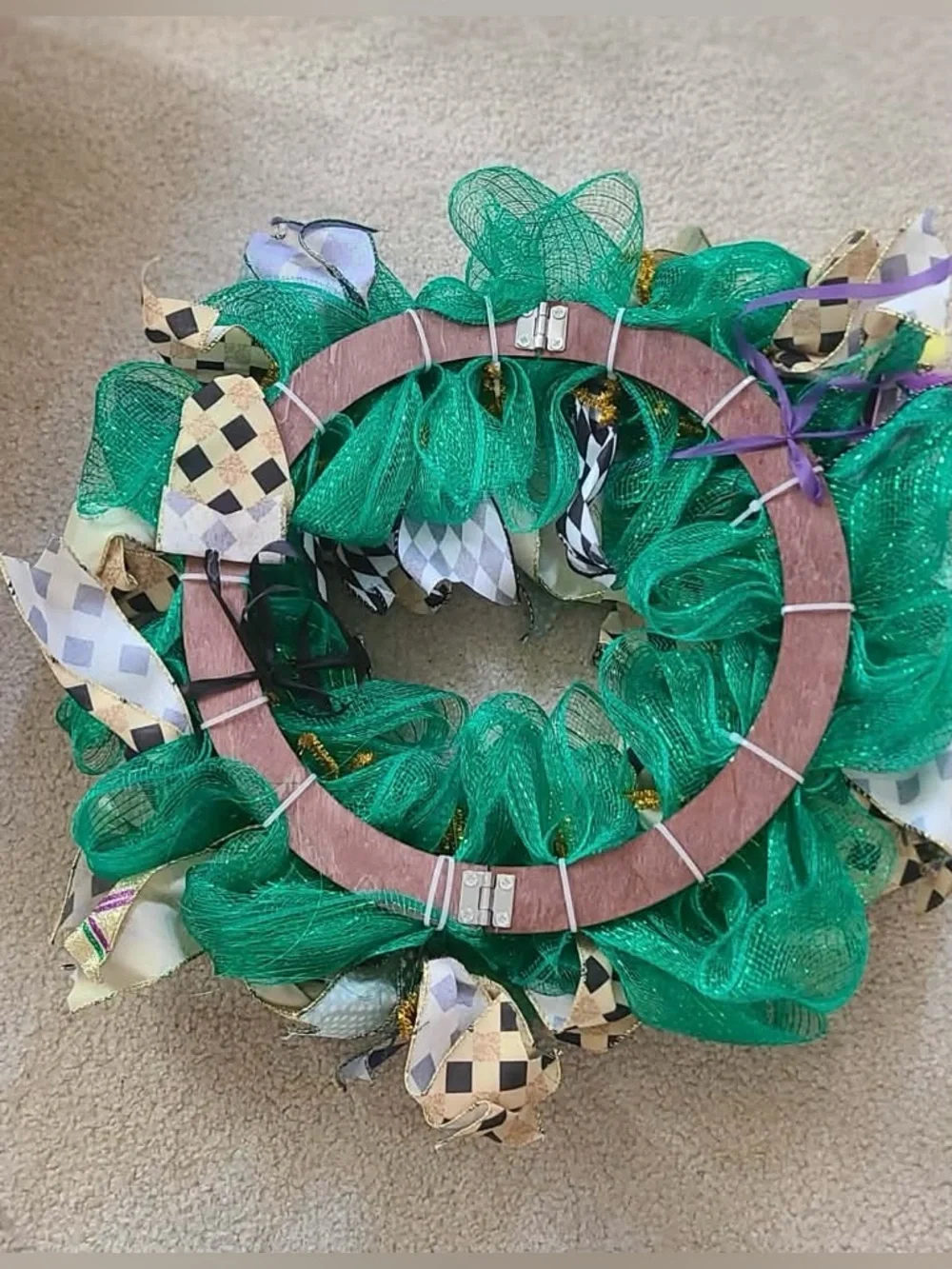 Mardi Gras Queen Decorative Wreath - Green, Purple & Gold Folds for storage